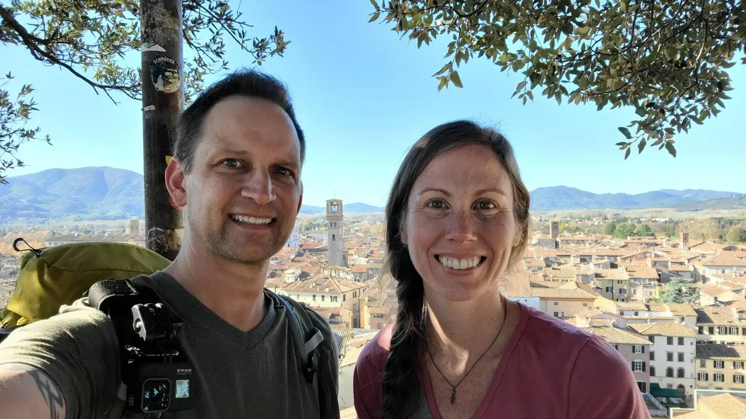 Ashley and Andrew Tepen on a rooftop in Lucca, Italy during a slow-travel stay